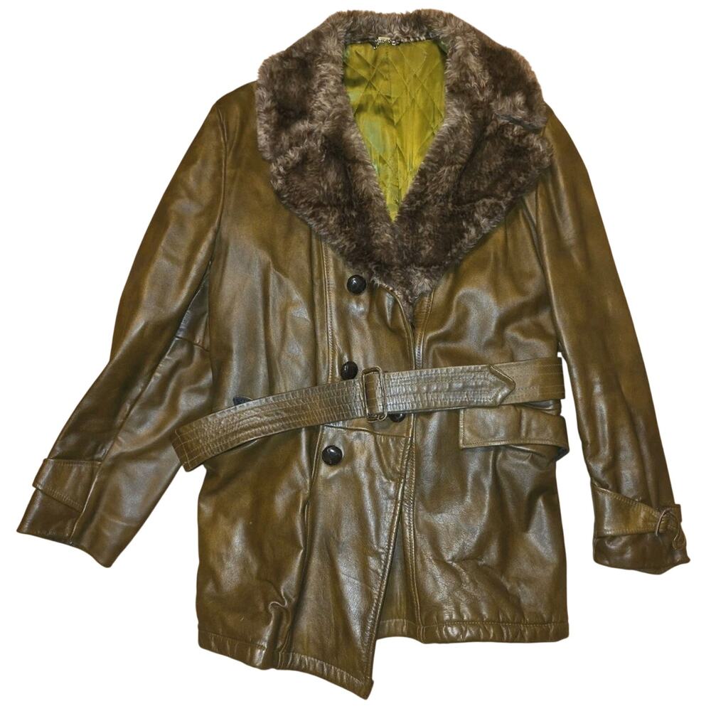 Vintage 50s-70s Brown Leather Trench Coat Double Breasted Fur Collar USA 44 Read